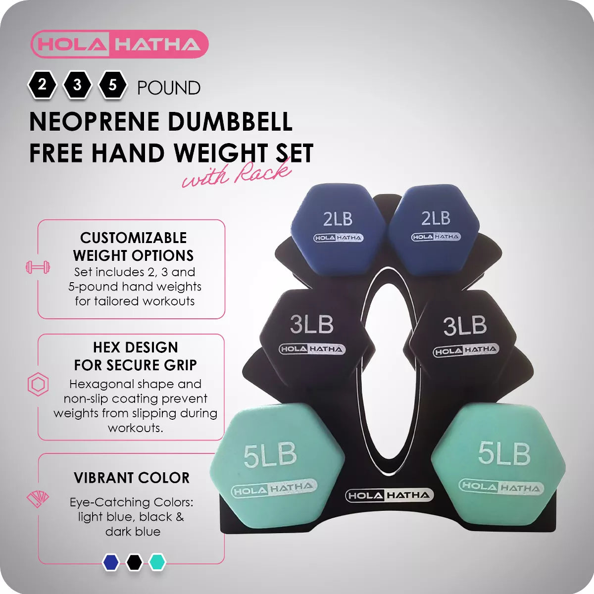 Holahatha 2, 3, & 5 Pound Neoprene Dumbbell Free Hand Weight Set W/ Rack, Pastel